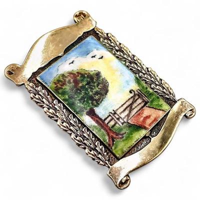 Sale Photo Thumbnail #53: Vintage Hand-Painted Enamel Brooch w/ Silver Mount
