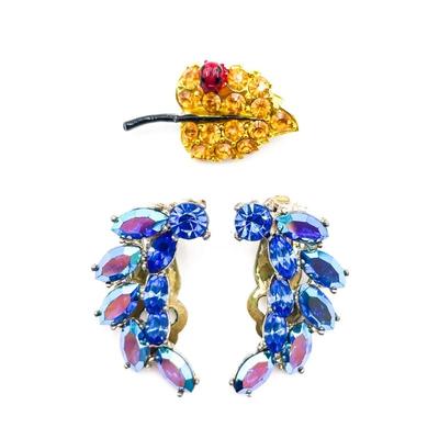 Sale Photo Thumbnail #248: Blue AB Rhinestone Clip Earrings & Yellow Leaf Ladybug Brooch