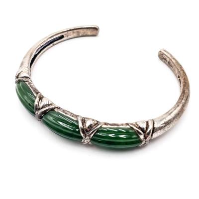 Sale Photo Thumbnail #164: Vintage Sterling Silver Cuff Bracelet w/ Carved Green Jade