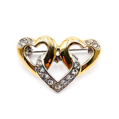 Sale Photo Thumbnail #253: Vintage Gold-Tone & Rhinestone Hearts Pin Brooch