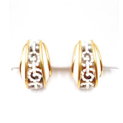 Sale Photo Thumbnail #249: Vintage Gold Tone & White Enamel Filigree Monet Clip-On Earrings
