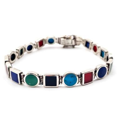 Sale Photo Thumbnail #181: Vintage Multi Gemstone Inlay Sterling Silver Bracelet