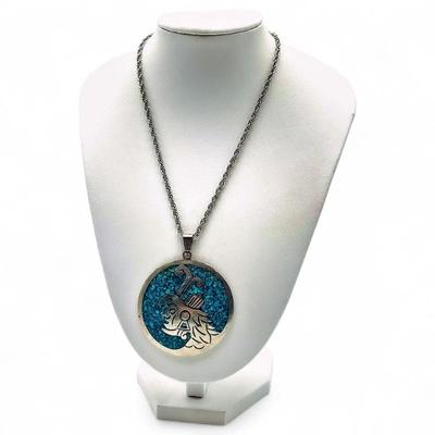 Sale Photo Thumbnail #48: Aztec Silver Pendant Necklace w/ Blue Inlay
