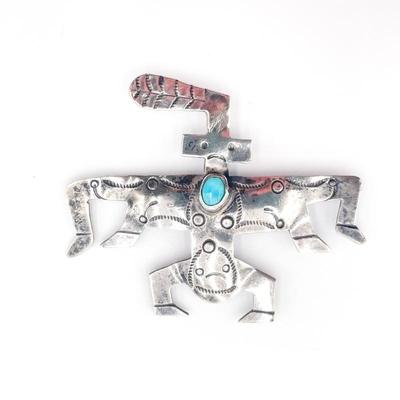 Sale Photo Thumbnail #130: Silver Brooch w/ Turquoise Cabochon In Animal Motif