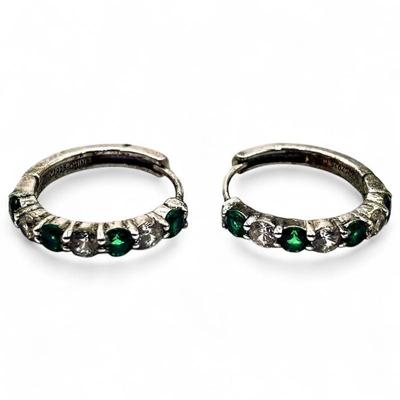Sale Photo Thumbnail #35: Sterling Silver Emerald Cubic Zirconia Hoop Earrings
