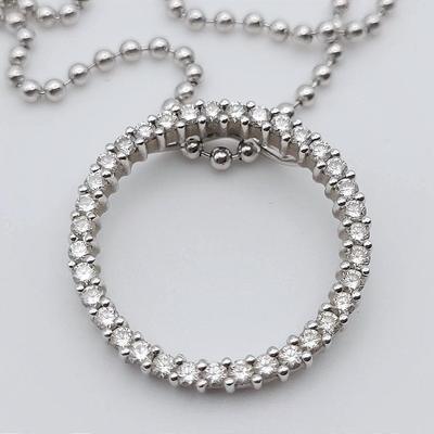 14K White Gold Diamond Circle Pendant with Gold Ball Chain Necklace