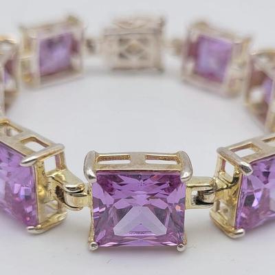 Sterling Silver Light Purple Radiant Cut Crystal Link Bracelet