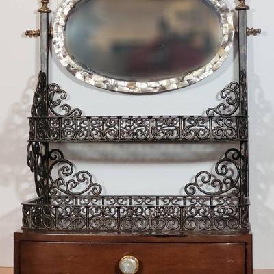 Maitland Smith Retired  Mother of Pearl and Metal Work Vanity Etagere with Mirror and Drawer