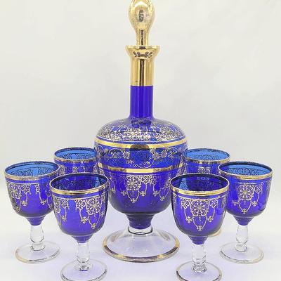 Vintage Blue and Gold Bohemian Decanter and Wine Glass Set