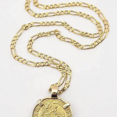 18K Gold Venetian Jesus Christ Zecchino Coin Pendant with 14K Gold Chain Necklace