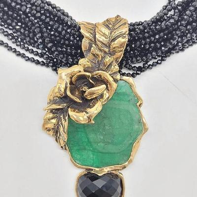 14KT Gold One of a Kind  Emerald and Spinel Magnolia Blossom Necklace by Clifton Nicholson, Jr.