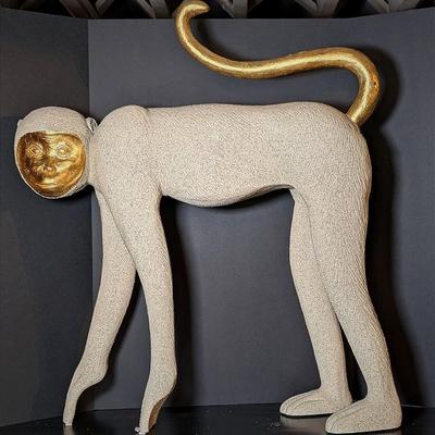 Large 1980s Crouching Monkey Sculpture in Off White/Cream with Gold Face and Tail