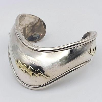 Vintage Mexico Sterling Cuff Bracelet by Laton with Brass Lightning Bolt Details