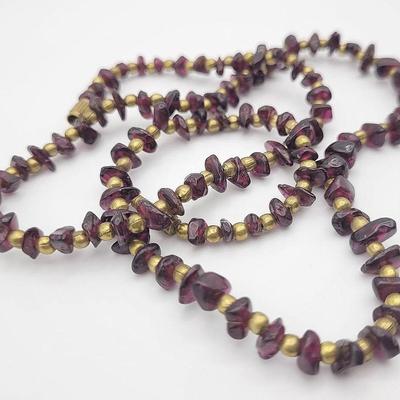 Vintage Garnet Gemstone Chip Bead and Brass Necklace