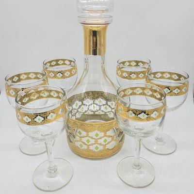 Vintage Culver Valencia 22 KT Gold Overlay Blown Glass Decanter with 6 Matching Wine Glasses Set