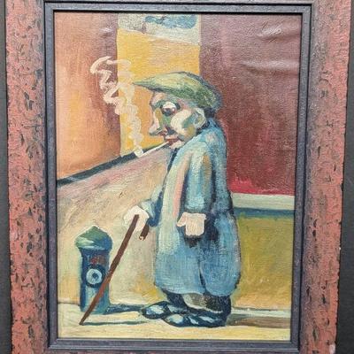 Original Oil Painting of a Man With a Cane Smoking by Gregory Gorby, 1967