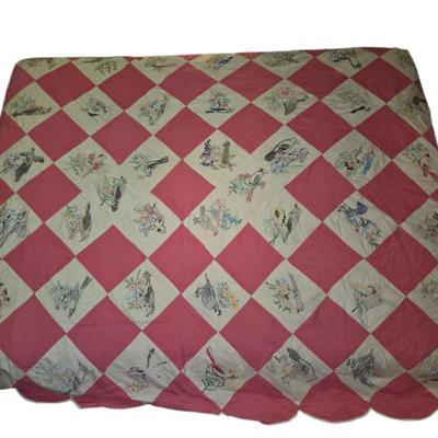 Handmade Hand-Embroidered Quilt – 50 State Birds, c.1940s (Southeastern Ohio Provenance)