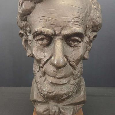 “Joseph Konzal Signed Abraham Lincoln Bust – Patinated Plaster, Wooden Base, Mid-20th Century”