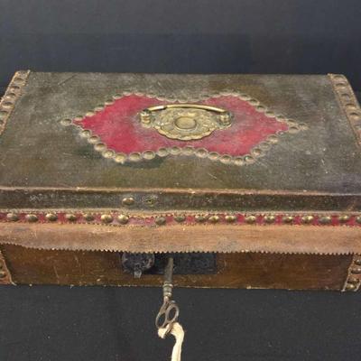 Antique Leather-Covered Valuables/Document Box – 19th Century, Working Lock & Key