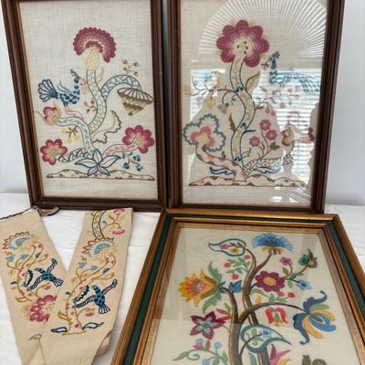 Four Framed Vintage Crewel Embroidered Art-Tree Of Life 