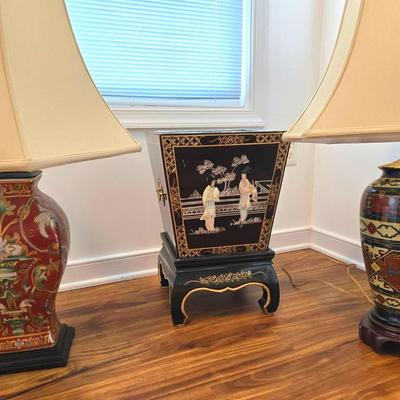 Asian Black Lacquered Bin & 2 Lamps