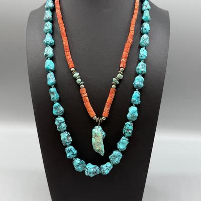 Vintage Navajo Turquoise Nugget And Coral And Turquoise Necklaces 