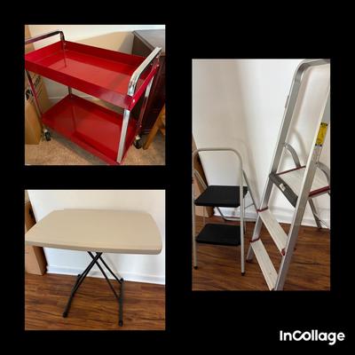Rolling Cart, Two Step Stools, Small Folding Table