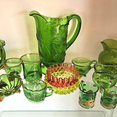 Vintage Green Glass, Fish Pitcher, Gold Trim