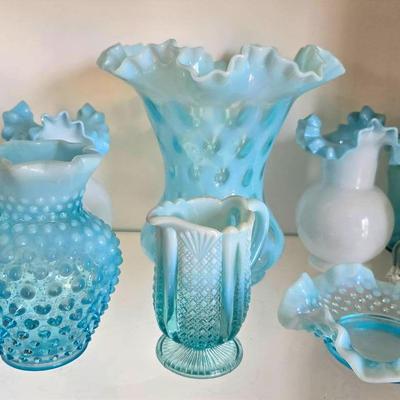 Vintage Blue Glassware Ruffled, Hobnail 
