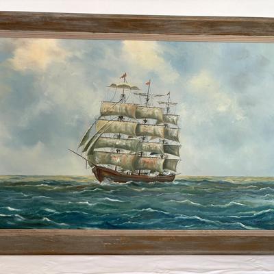 Signed Painting On Canvas By J.A.Boggs 1963-Shipping Vessel On Open Ocean