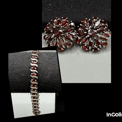 Sterling Silver Garnet Tennis Bracelet And Statement Earrings 