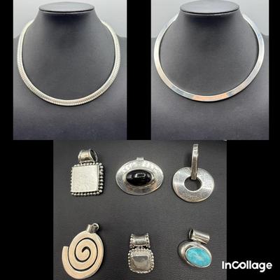 Sterling Silver Omega Chain, Croker And Pendants 