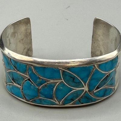 ZUNI STERLING SILVER AND TURQUOISE INLAY CUFF BRACELET