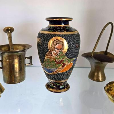 Vintage Satsuma Vase, Brass Mortar & Pestle, Fish Vase