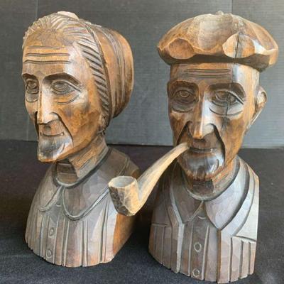 Kg134 vintage carved wood bust man & woman