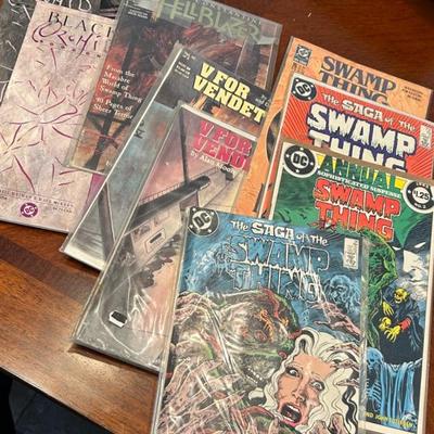Comic books hellblazer, swamp thing, v for vendetta, black orchid