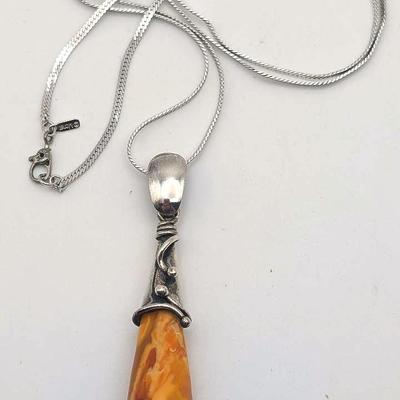Butterscotch Egg Yolk Amber South Western Silver Pendant with Silver Tone Monet Necklace
