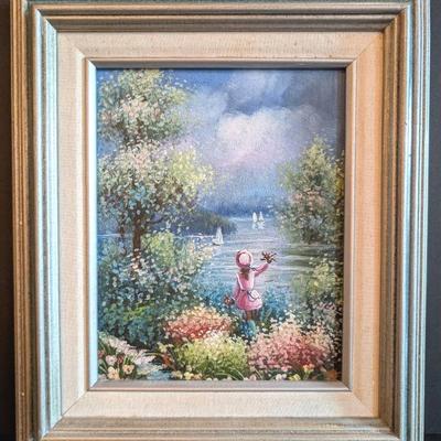 Original Art Oil Painting signed T. Denver of a Girl in Pink in Flower Field by a Lake