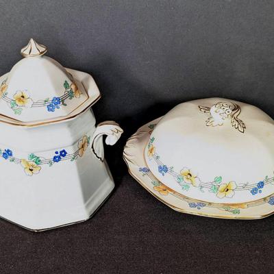 Vintage Whieldon Ware Poppy Lidded Sugar & Lidded Butter by F Winkle & Co England