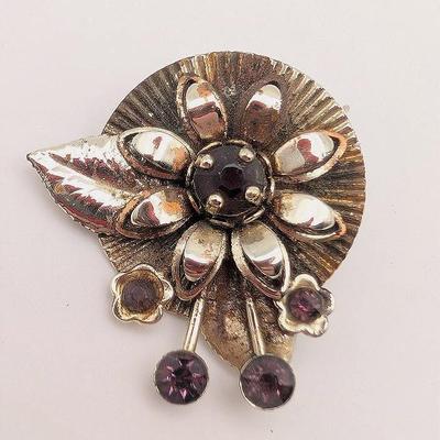 Vintage Gold Tone Brooch with Purple Rhinestones