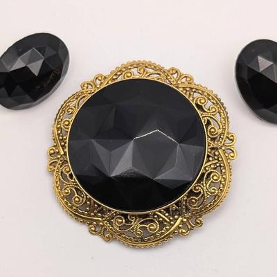 Black Rhinestone Earrings and Brooch Set | Freirich