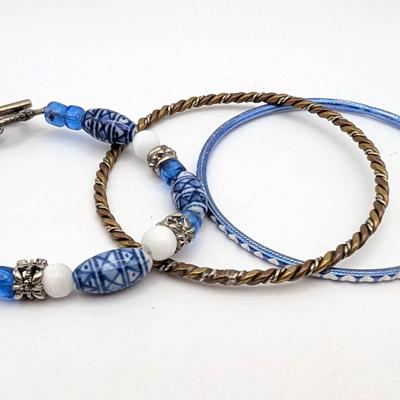 3 Misc. Bracelets | Blue and White Glass Beads | Brass Twisted | Blue Metal