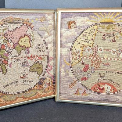 Vintage Framed Needlepoint Art Pair from Closson Cincinnati Depicting the Eastern Hemisphere