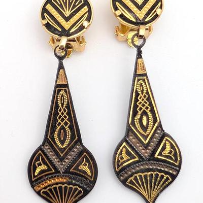 Vintage Etched Brass Dangle Clip On Earrings