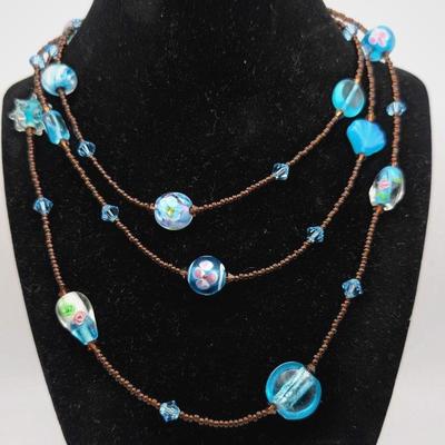 Extra Long Glass Beaded Necklace Blue and Chocolate Brown