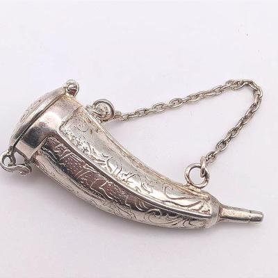 Sterling Silver Victorian Style Snuff Horn with Engraved Pattern Marked Italy