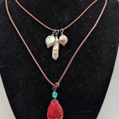 2 Gemstone Necklaces | Red & Blue Gems | Freshwater Pearls | Both on Leather Cords