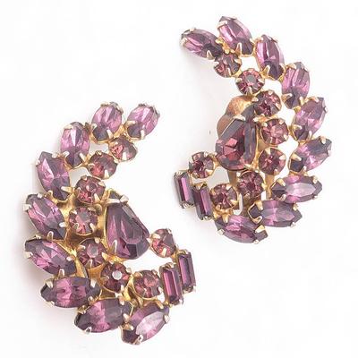 Vintage Purple Rhinestone Paisley Clip On Earrings