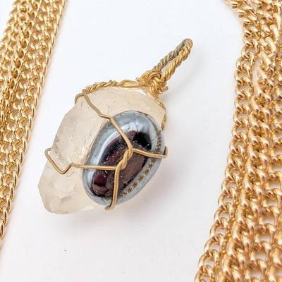 Vintage Multi Strand Sara Coventry Gold Tone Necklace | Wire Wrapped Quartz & Hematite Pendant