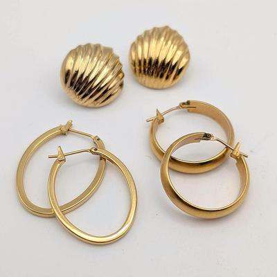 3 Pairs of Gold Tone Pierced Earrings | Monet | Trifari
